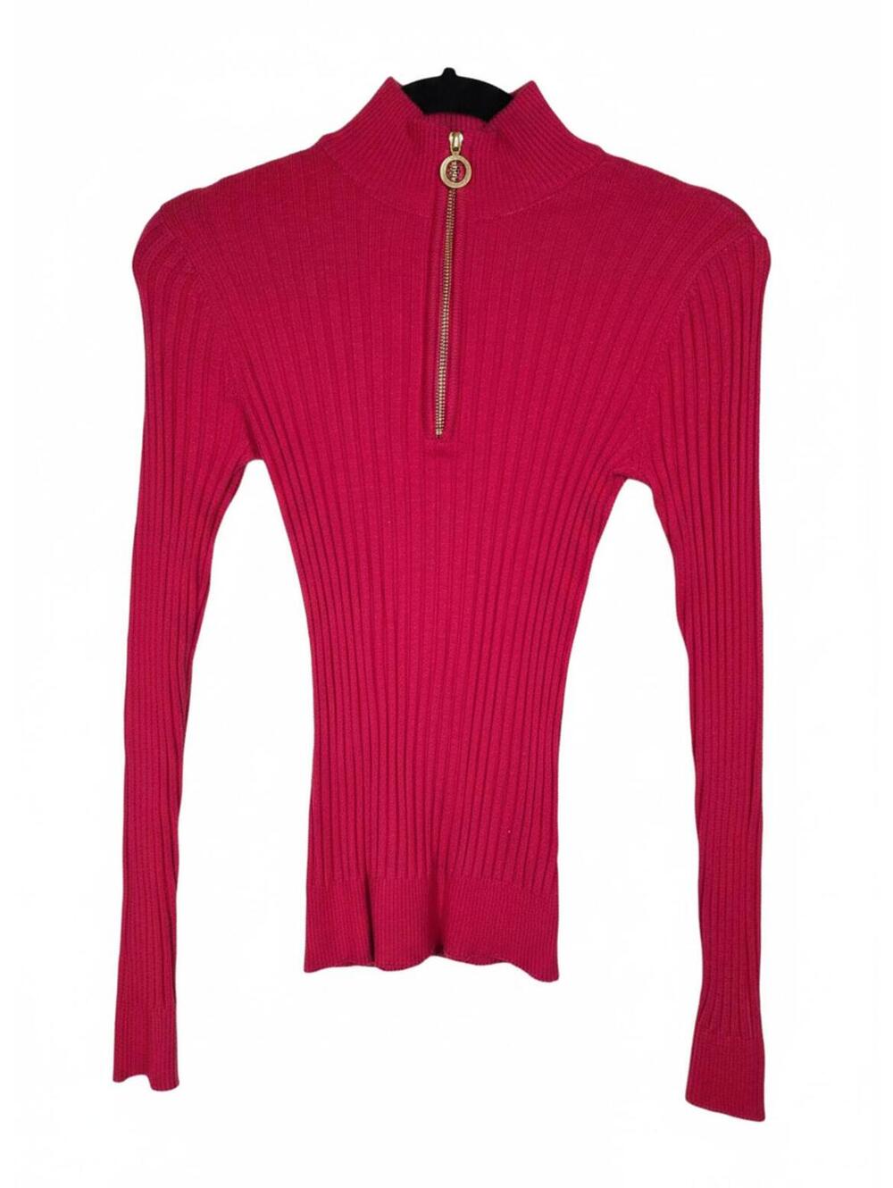 Belldini Women's Black Label Ribbed Mock Neck Half-Zip Sweater - Belldini Red XS